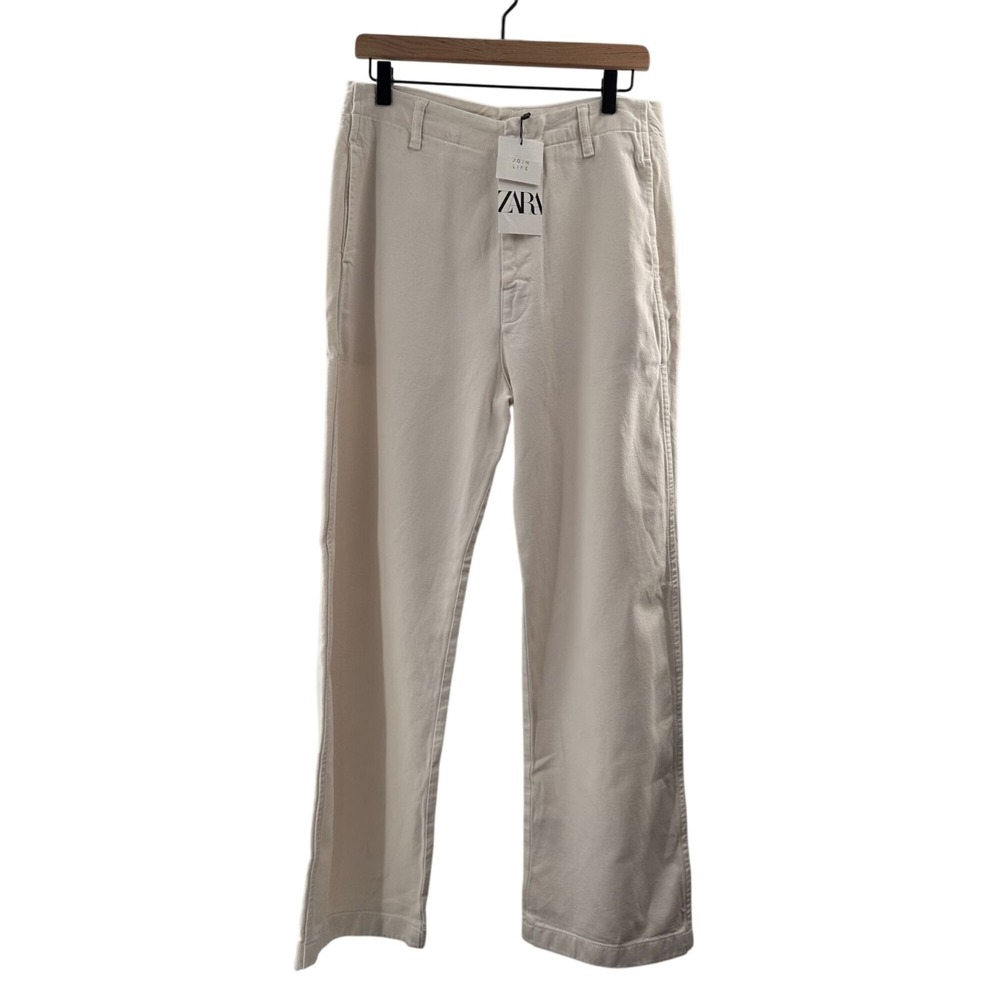 Zara Womens Ivory Cotton Wide Leg Pants Small Beach High Rise Relaxed Casual See